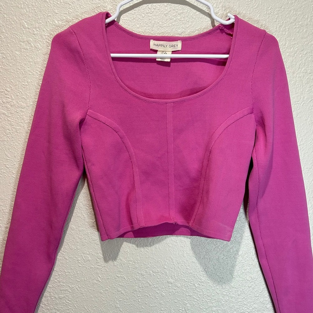 Happily Grey Cropped Knit Top Square Neck Long Sleeve Pink Fitted M